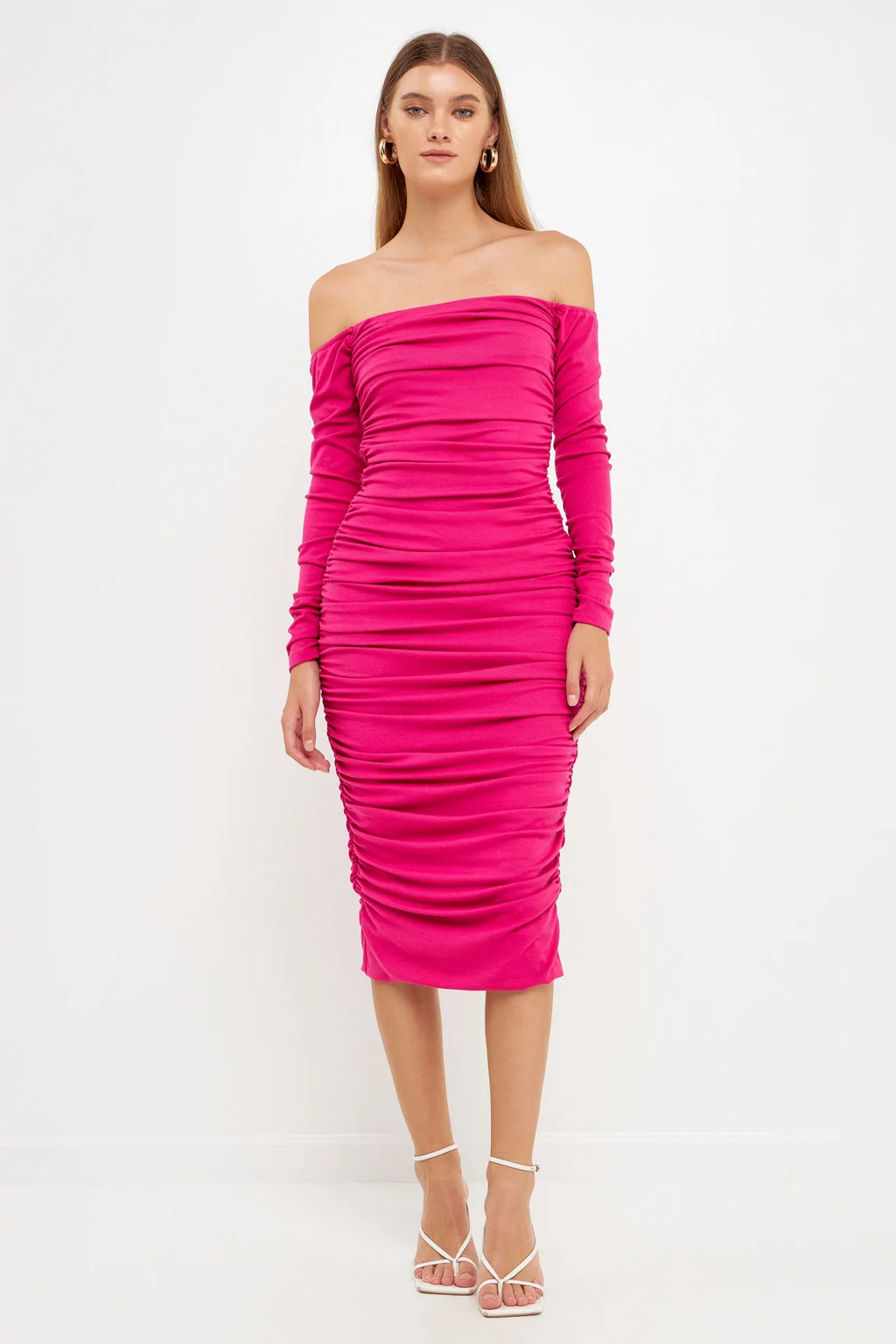 Off-The-Shoulder Ruched Midi Dress