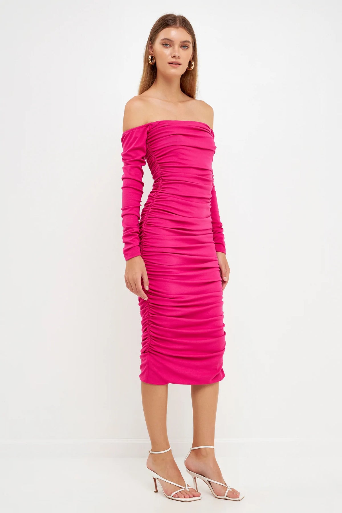 Off-The-Shoulder Ruched Midi Dress