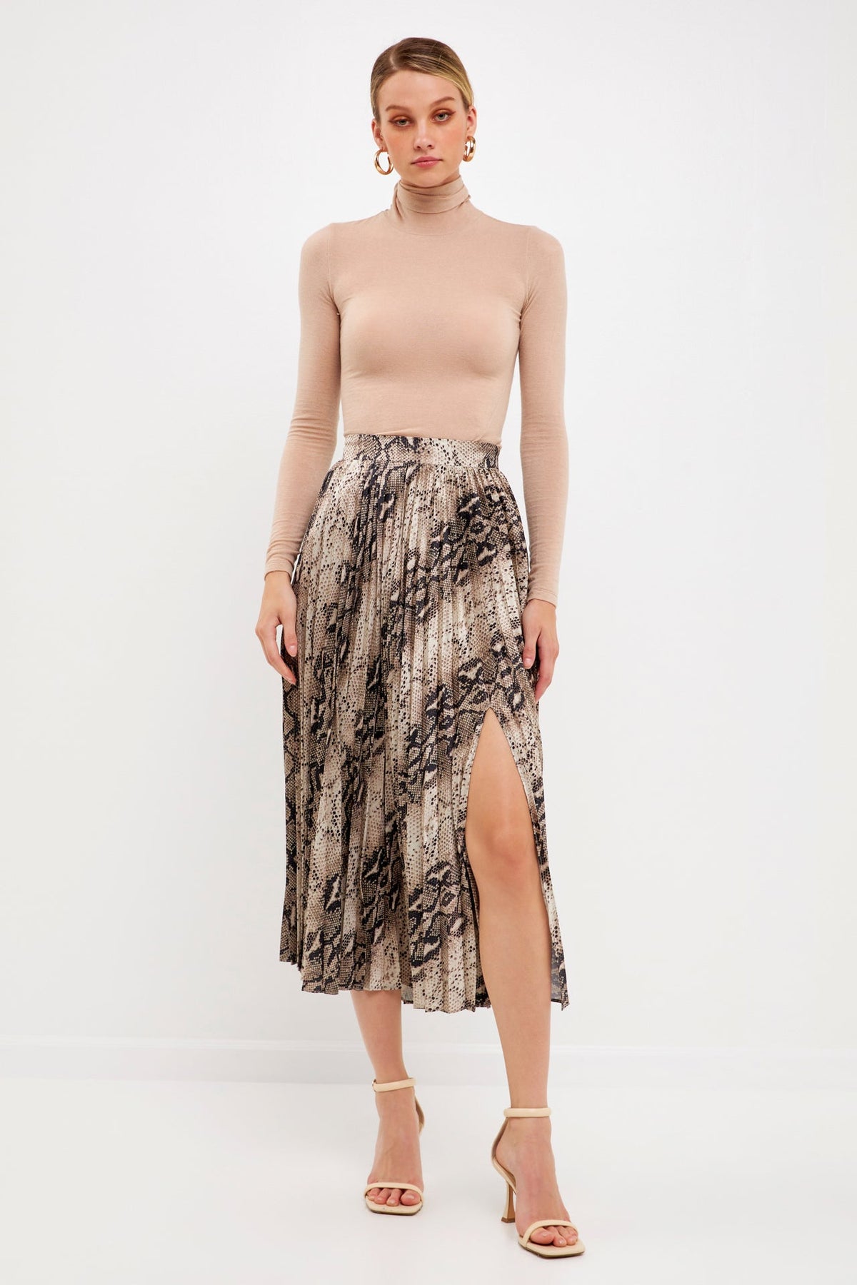 Snakeskin Pleated Midi Skirt
