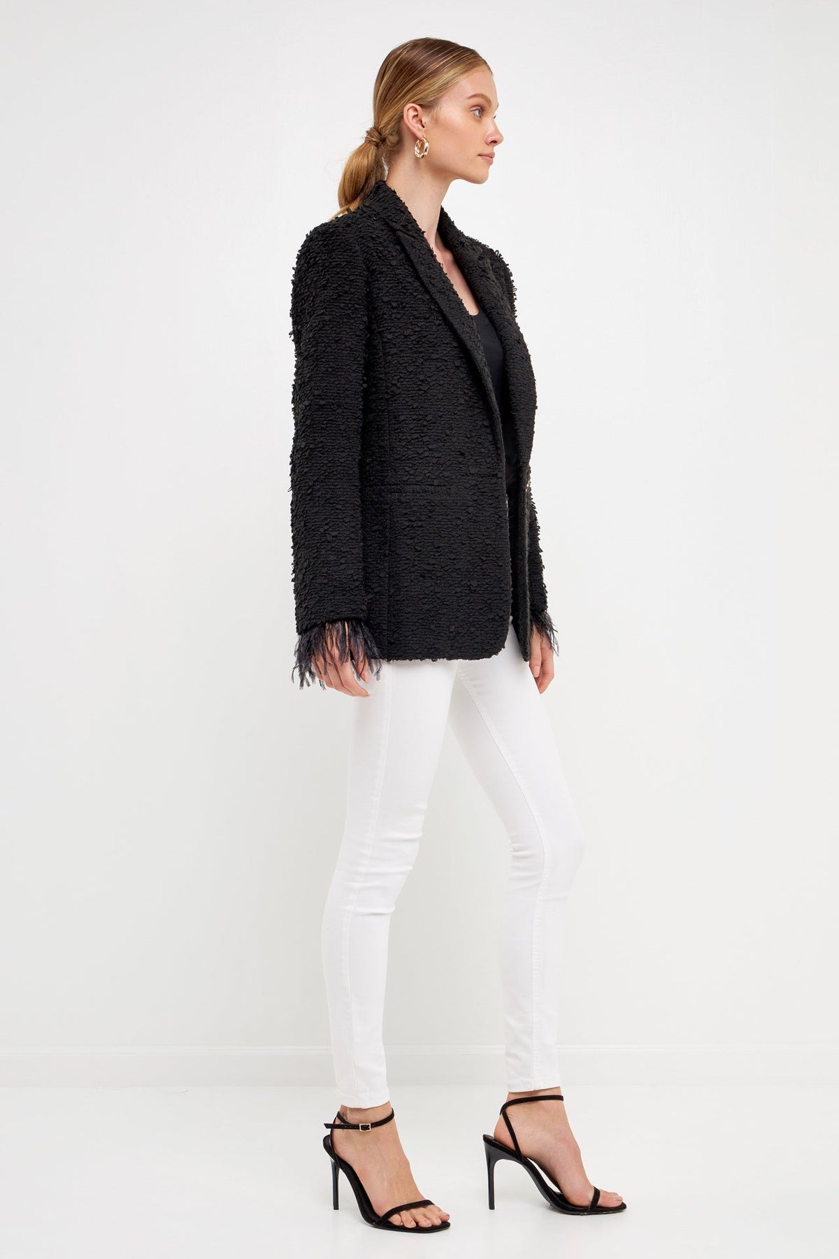 Feather-Trimmed Tweed Blazer
