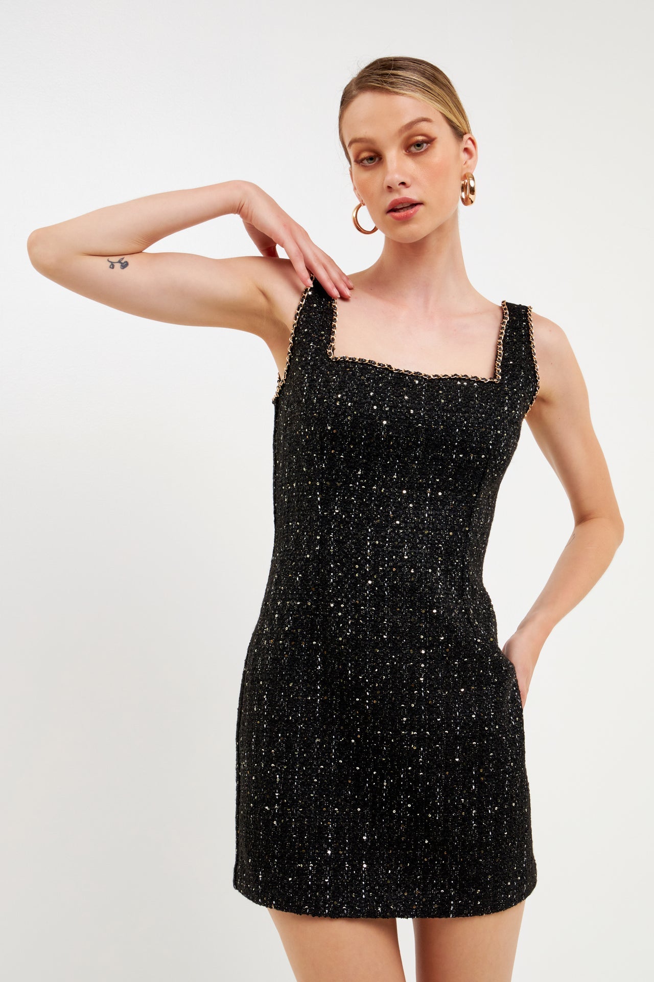 Endless Rose - Chain-Trimmed Tweed Mini Dress Black / L Endless Rose - Chain-Trimmed Tweed Mini Dress Black / L