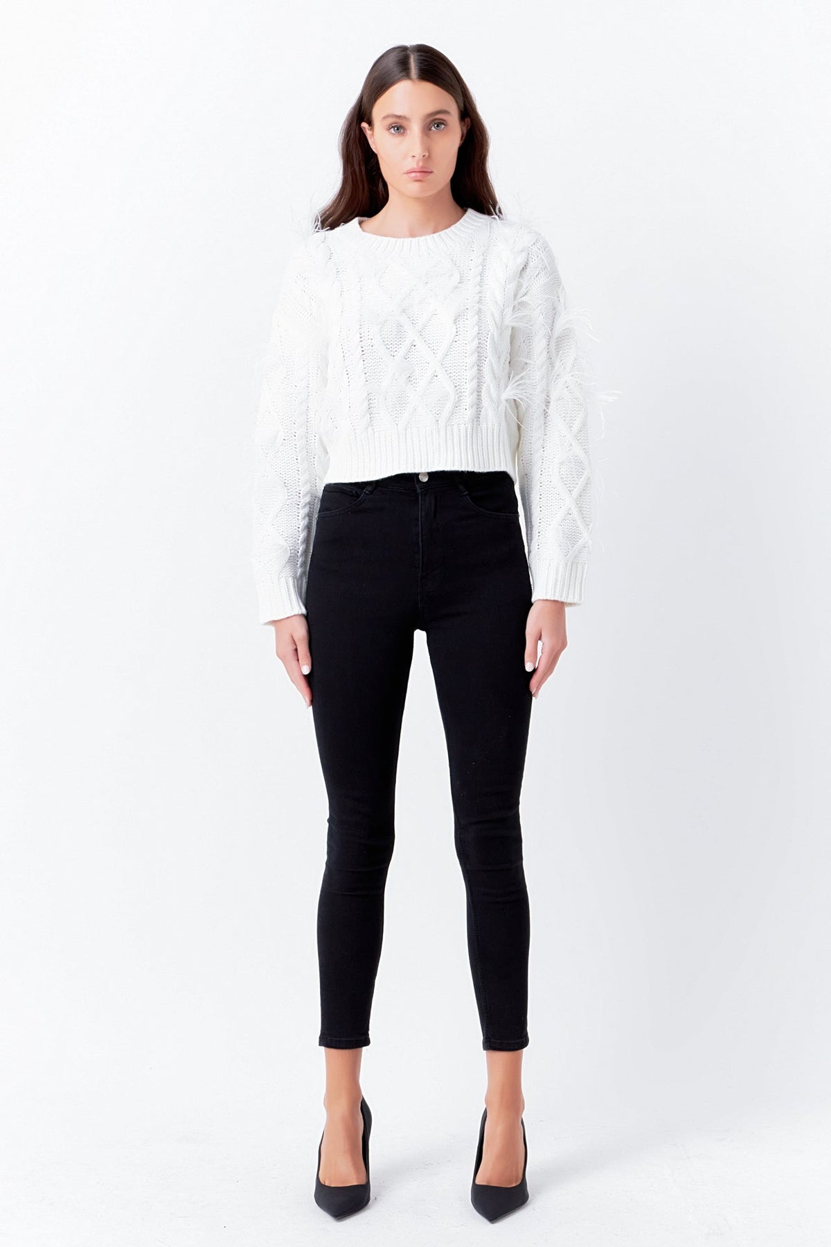 ENDLESS ROSE-Feather Detail Cropped Sweater-SWEATERS & KNITS available at Objectrare