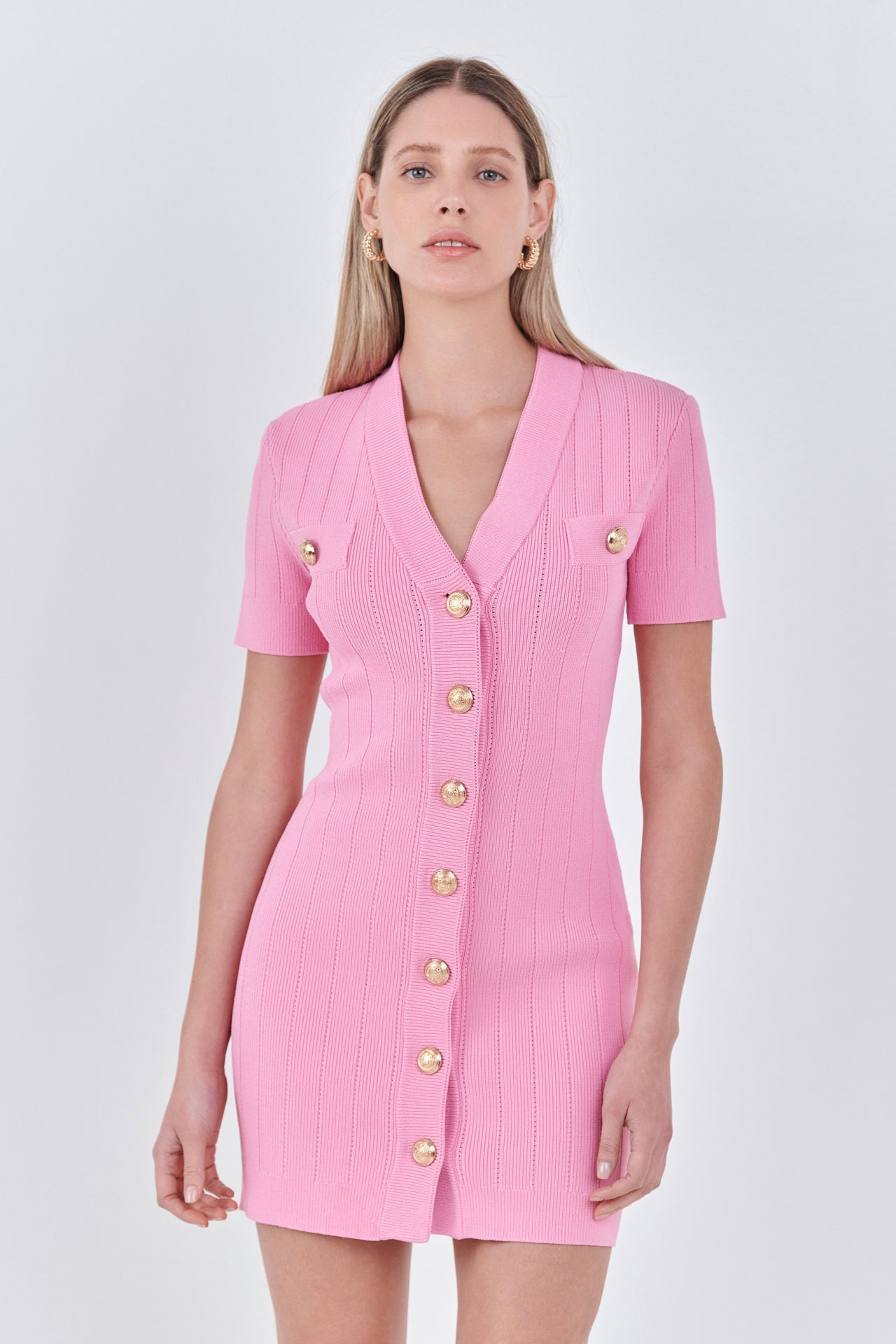 Shank Button V-neckline Knit Mini Dress – Endless Rose