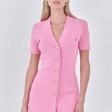Shank Button V-neckline Knit Mini Dress