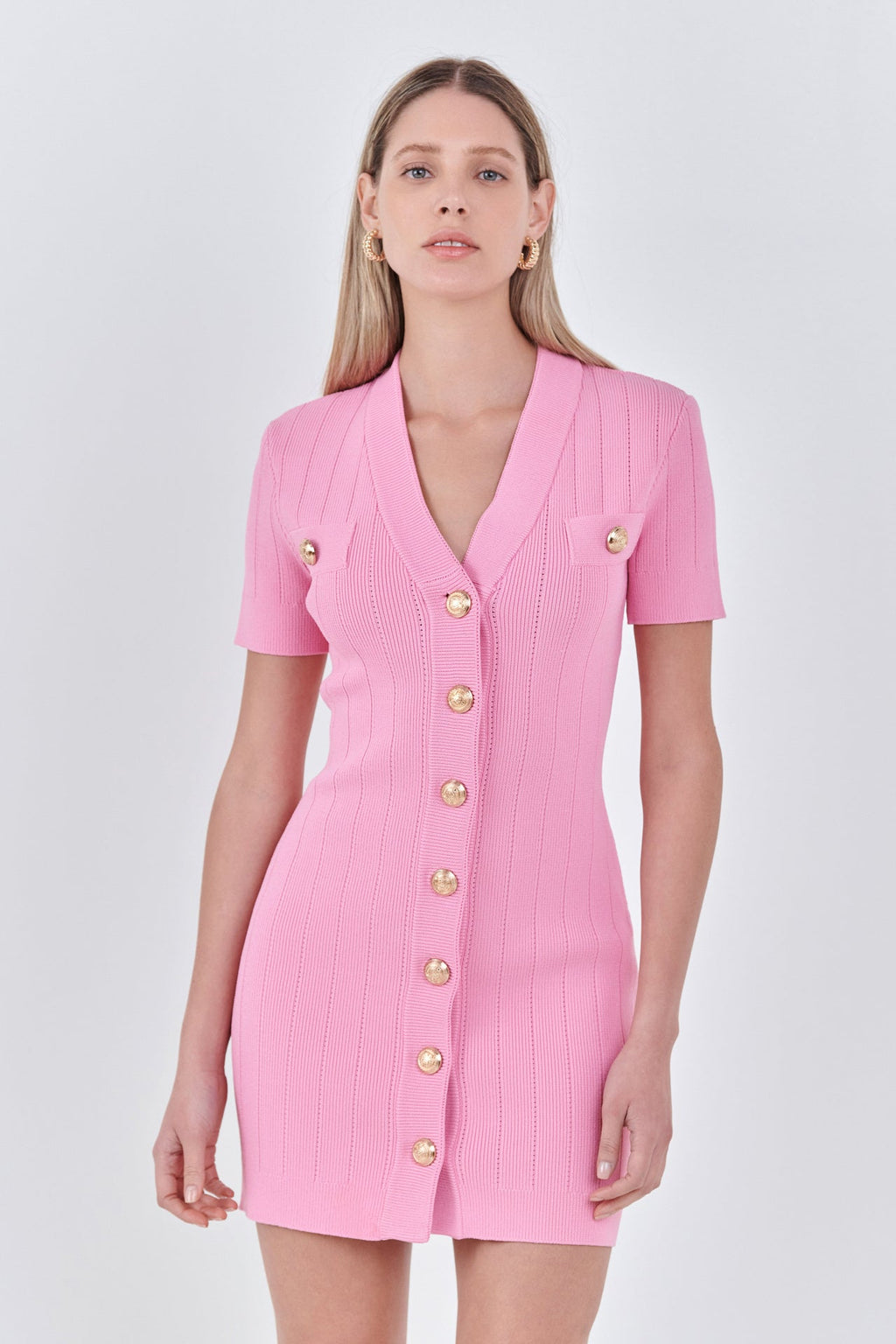 NA Shank Button V-neckline Knit Mini Dress