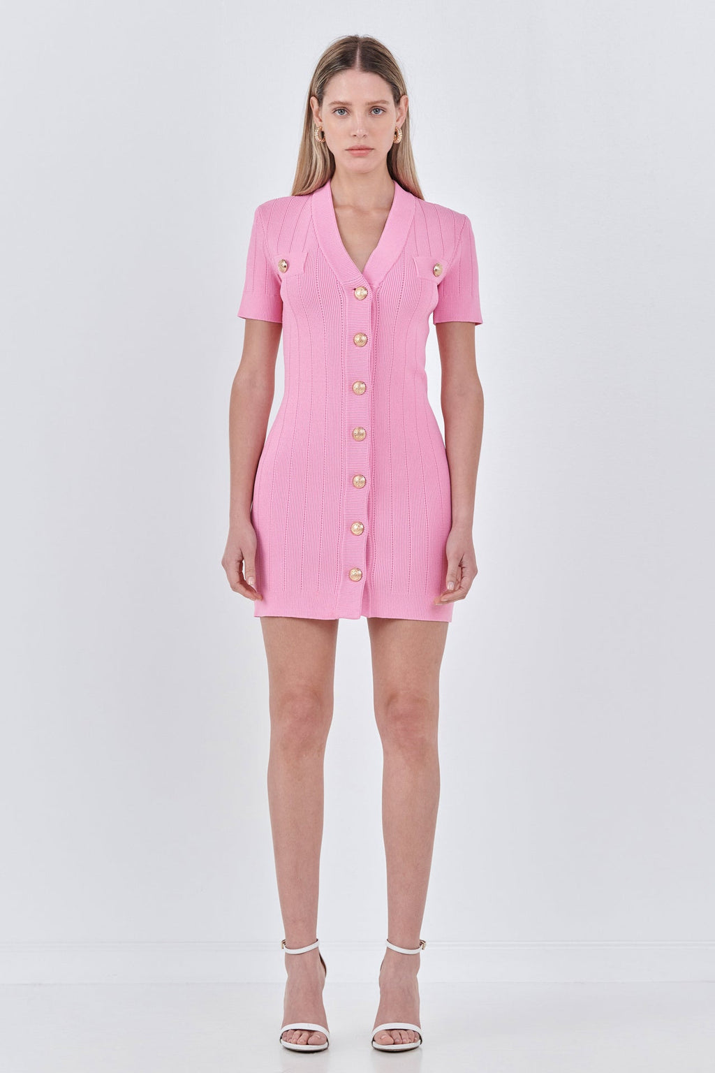 NA Shank Button V-neckline Knit Mini Dress