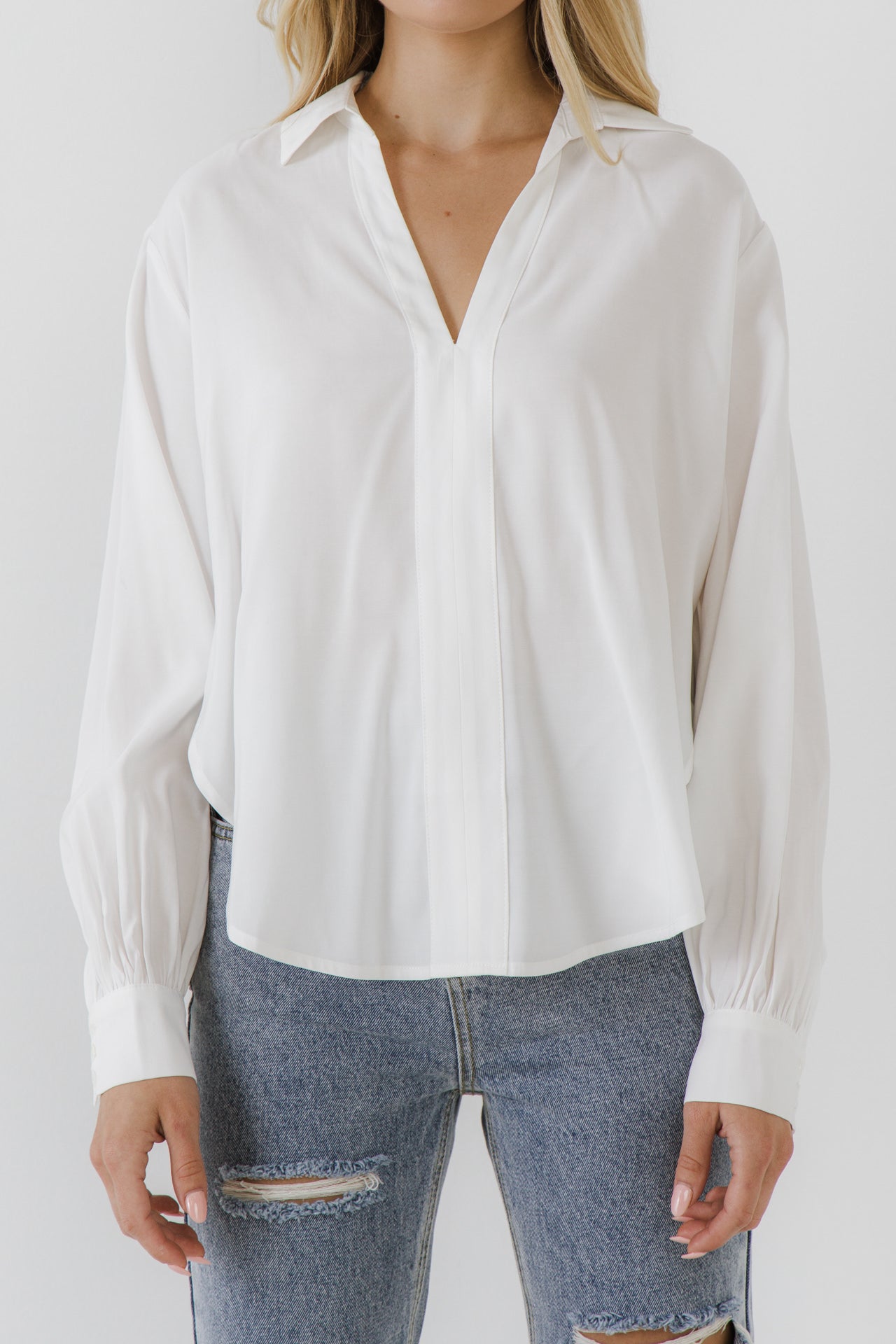 ENDLESS ROSE - V-neckline Puff Long Sleeve Top - SHIRTS & BLOUSES available at Objectrare