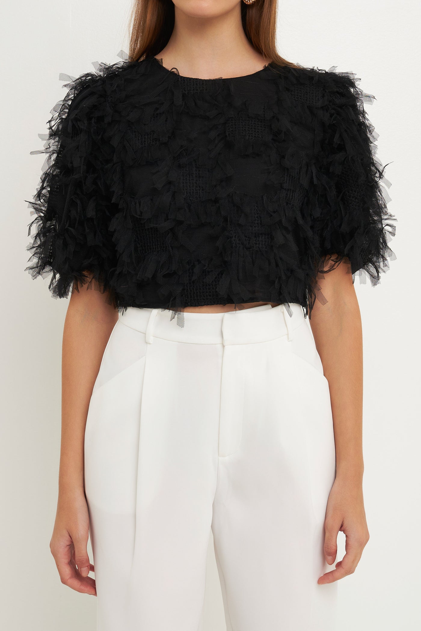 Gridded Mesh Feathered Cropped Top – Endless Rose