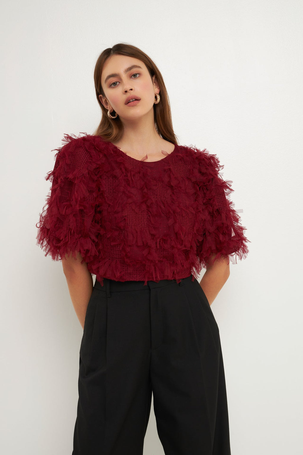 Gridded Mesh Feathered Cropped Top – Endless Rose