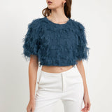 Gridded Mesh Feathered Cropped Top