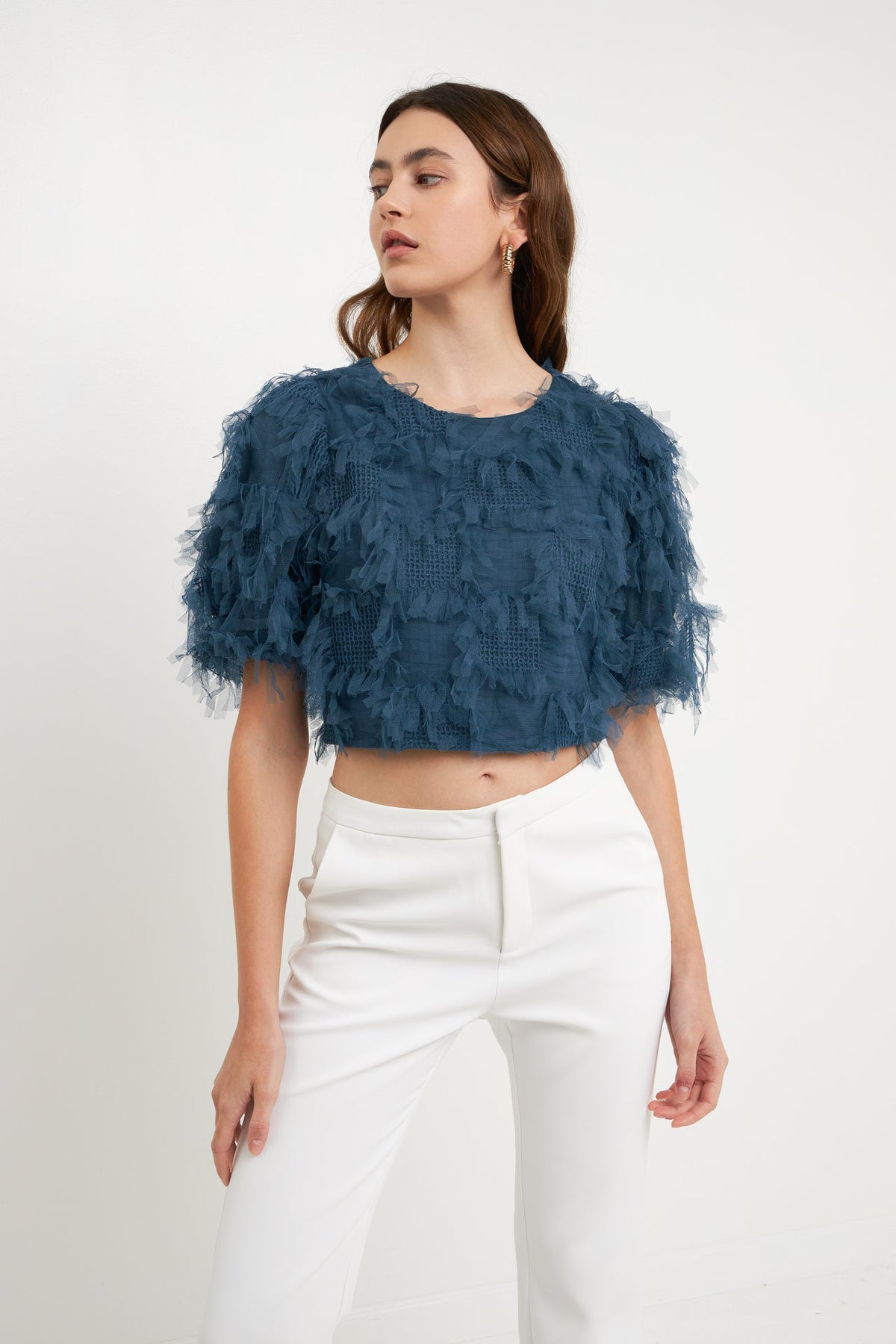 Gridded Mesh Feathered Cropped Top