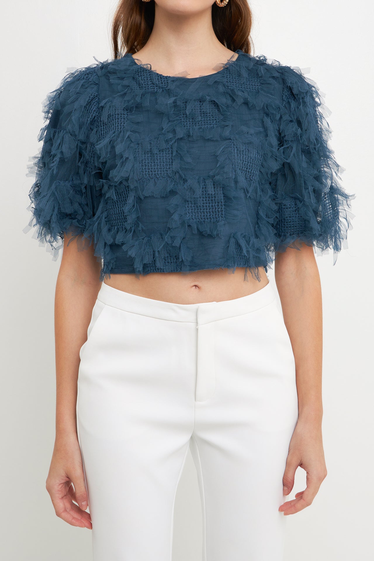 Gridded Mesh Feathered Cropped Top – Endless Rose