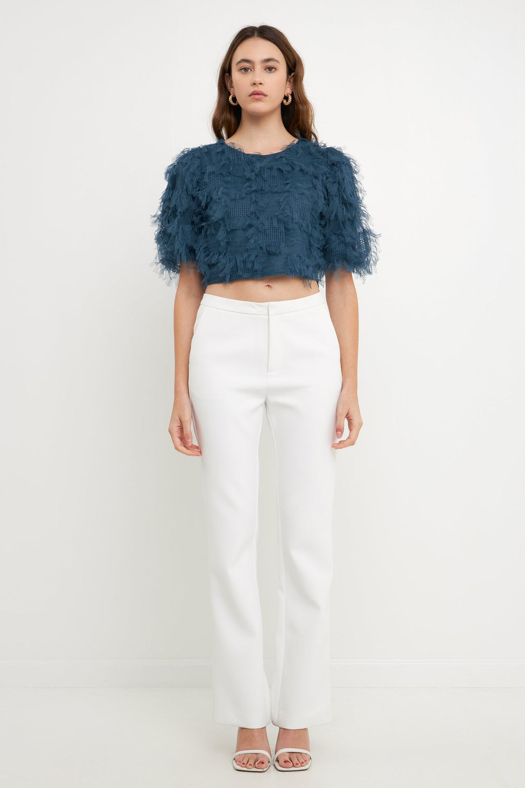 Gridded Mesh Feathered Cropped Top