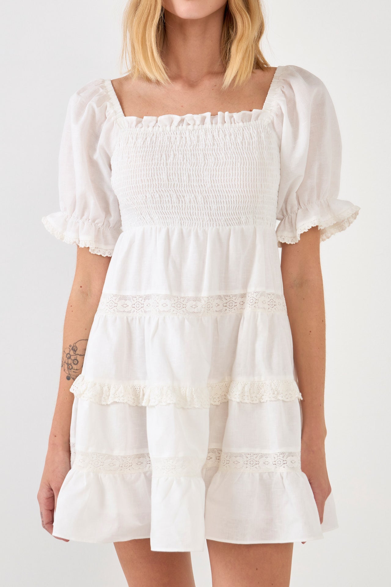 Endless Rose - Linen Smocked Mini Dress with Lace - Dresses in Women's Clothing available at endlessrose.com