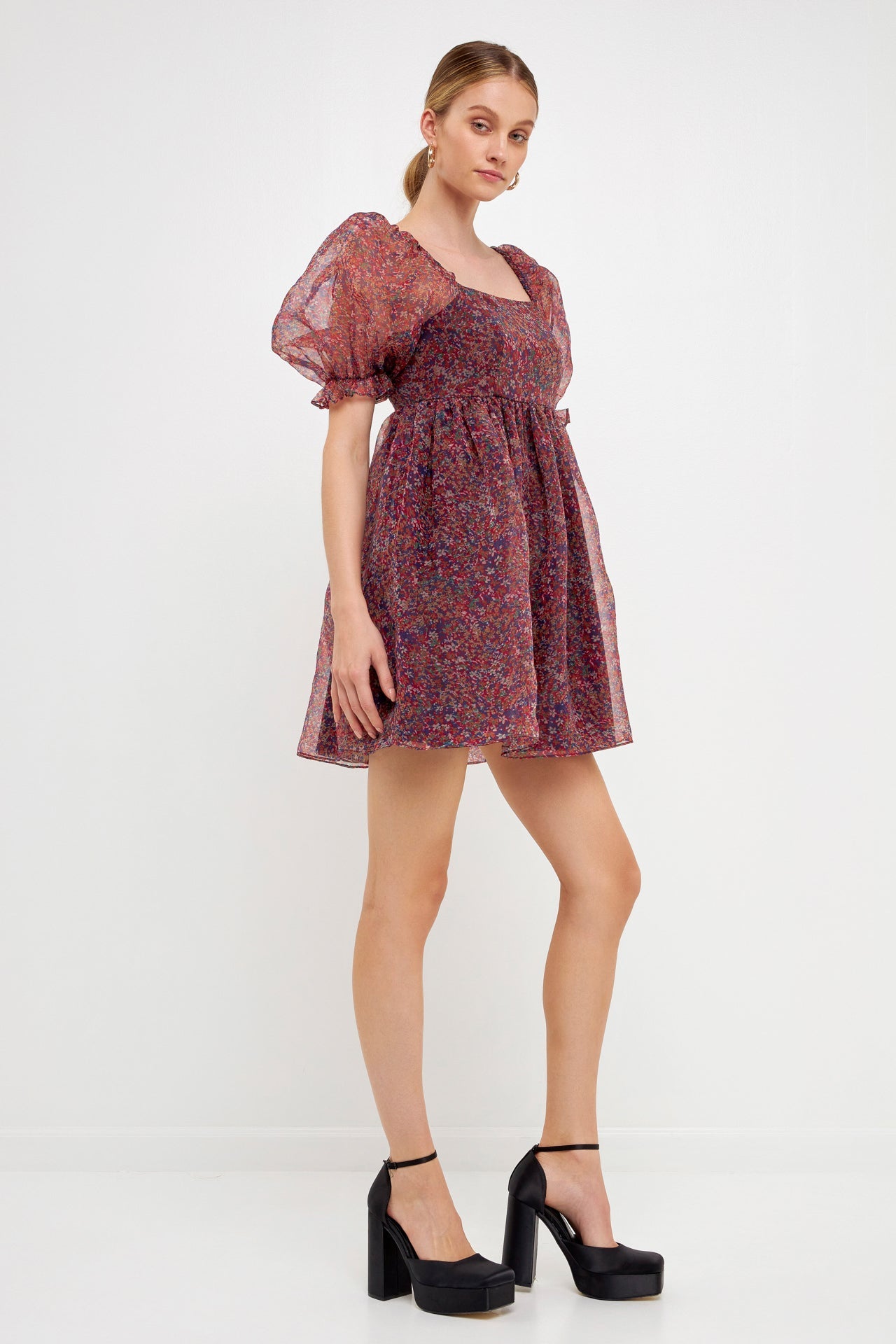 Wild Fable Floral Print Puff-Sleeve Smocked Short Dress